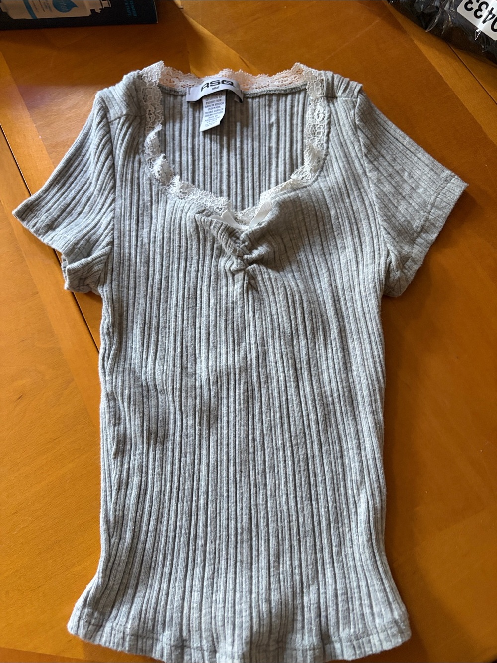 Gray with Cream trim Ribbed Short Sleeve Tee with Lace Trim